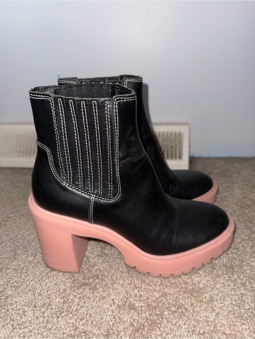 Dolce Vita Black Leather Chelsea Boots with Pink Platform Heel